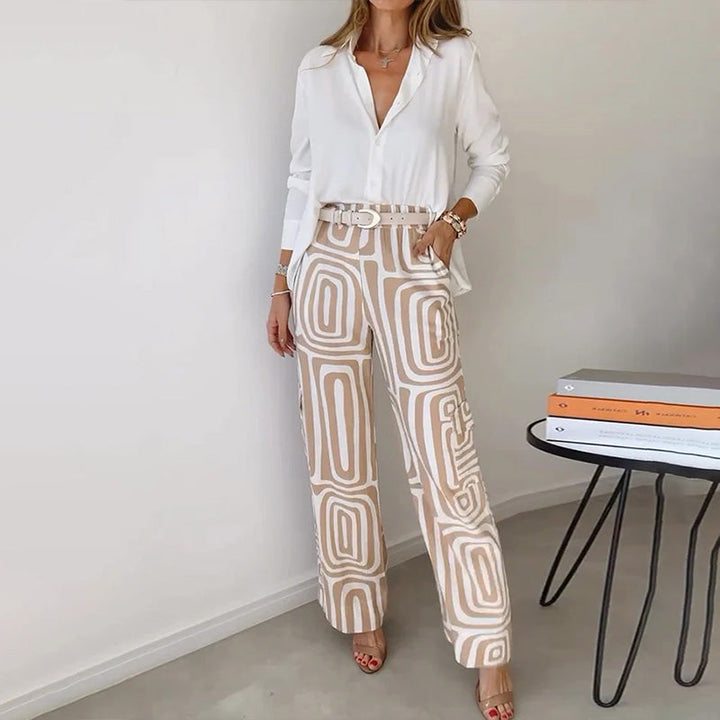 Orelia | Women's Two Piece Set with Long Sleeve Shirt and Patterned Trouser
