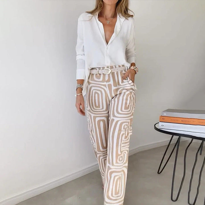 Orelia | Women's Two Piece Set with Long Sleeve Shirt and Patterned Trouser