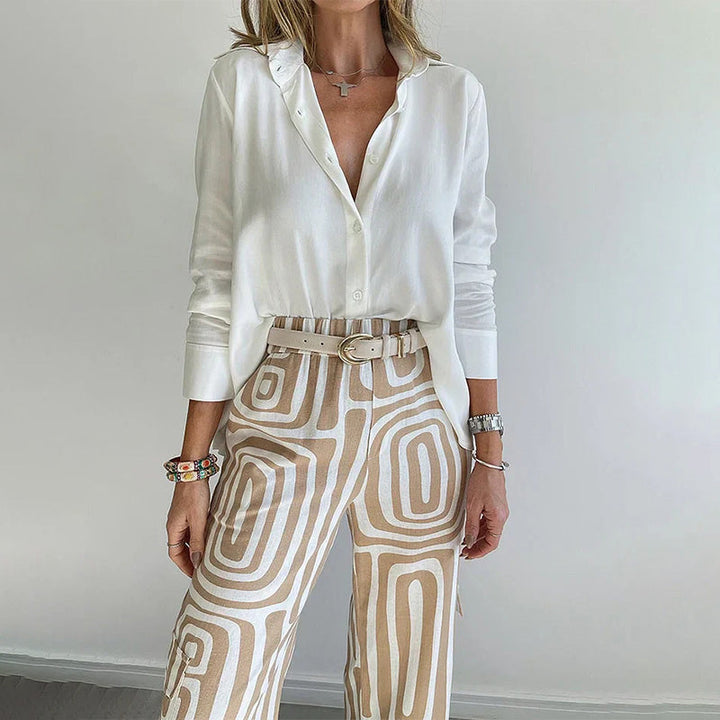 Orelia | Women's Two Piece Set with Long Sleeve Shirt and Patterned Trouser