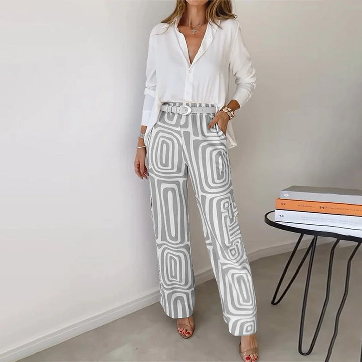 Orelia | Women's Two Piece Set with Long Sleeve Shirt and Patterned Trouser