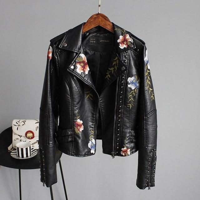 Ravenna | Women's Floral Embroidered Leather Jacket with Silver Beads