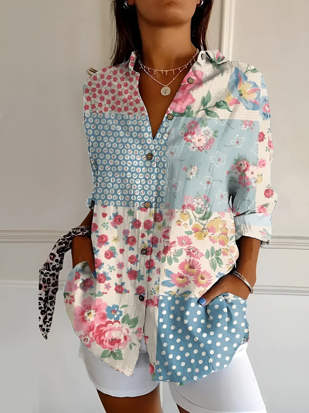 Avielle | Women's Floral Button-Up Blouse with Folded Sleeve