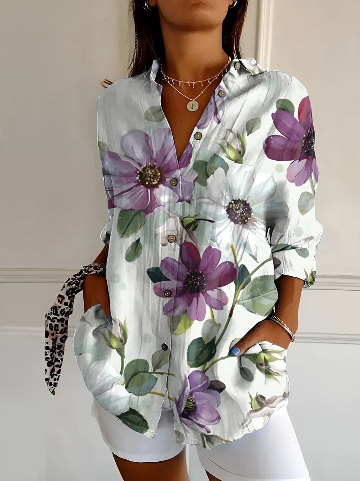 Avielle | Women's Floral Button-Up Blouse with Folded Sleeve