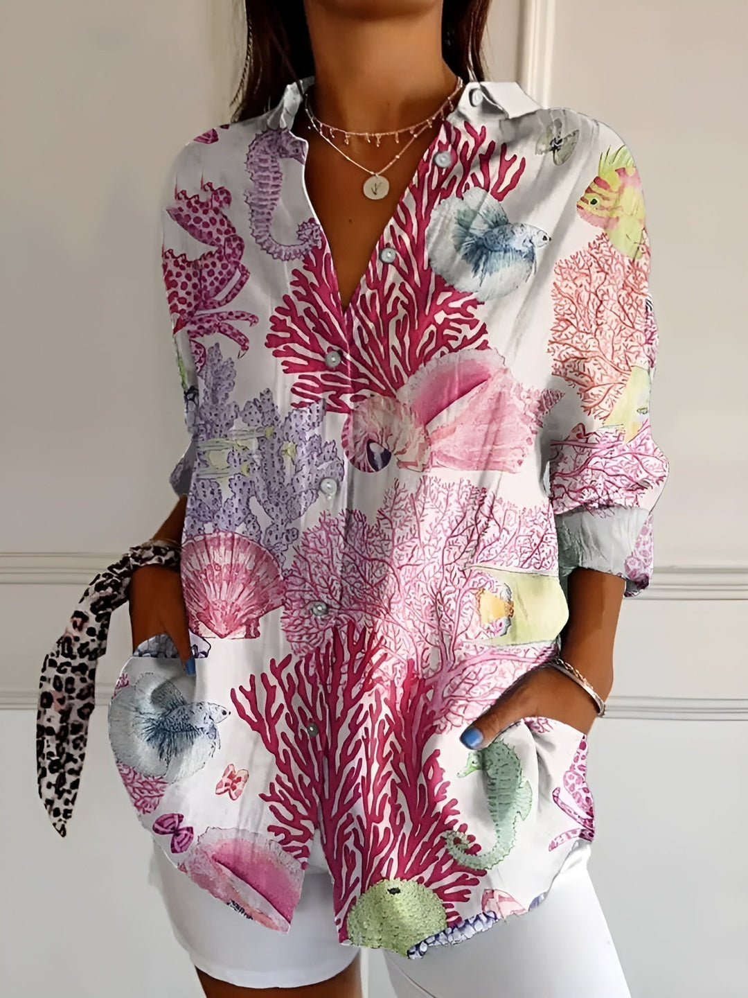 Avielle | Women's Floral Button-Up Blouse with Folded Sleeve