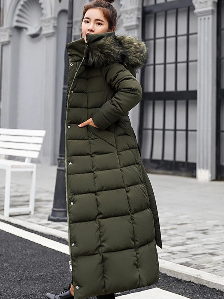 Virelle | Women’s Padded Long Parka with Belt and Fur Hood