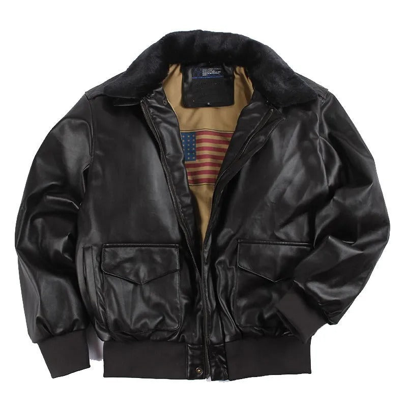 Randy | Men's Smooth Leather Bomber Jacket with Fur Collar