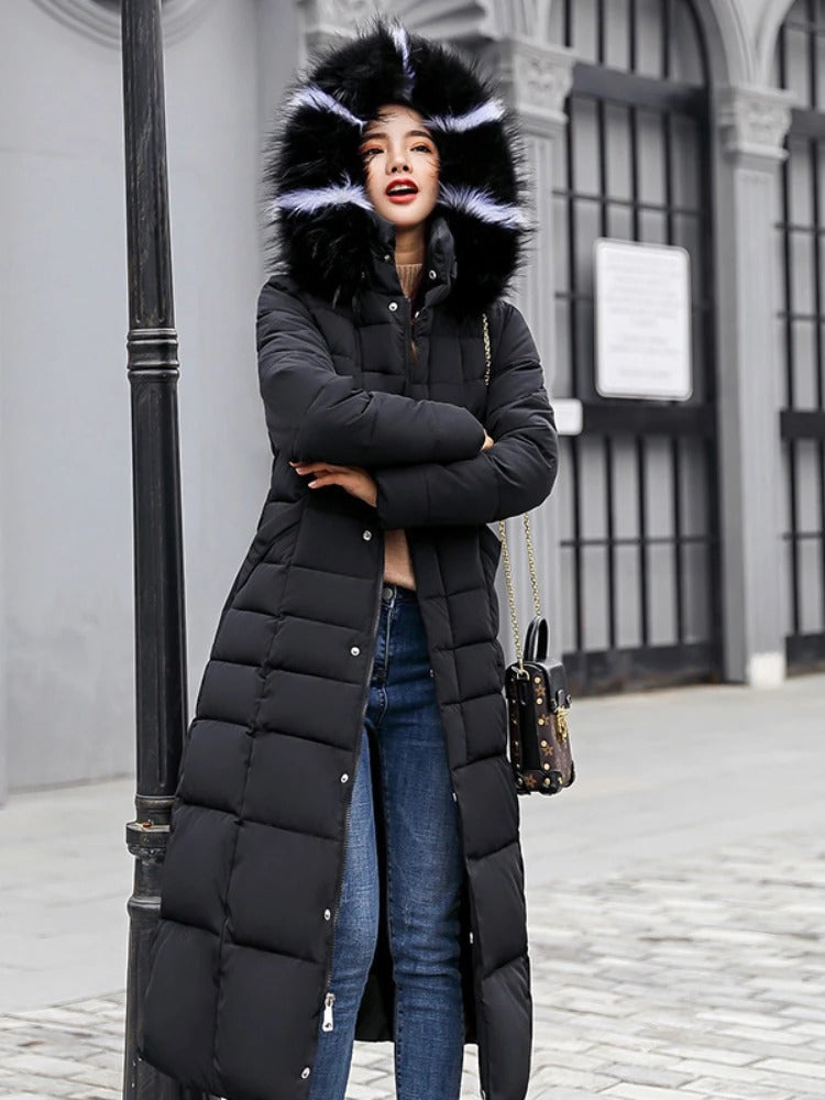 Virelle | Women’s Padded Long Parka with Belt and Fur Hood