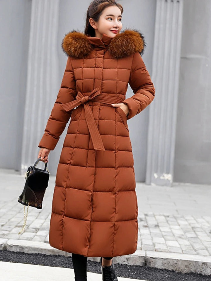 Virelle | Women’s Padded Long Parka with Belt and Fur Hood