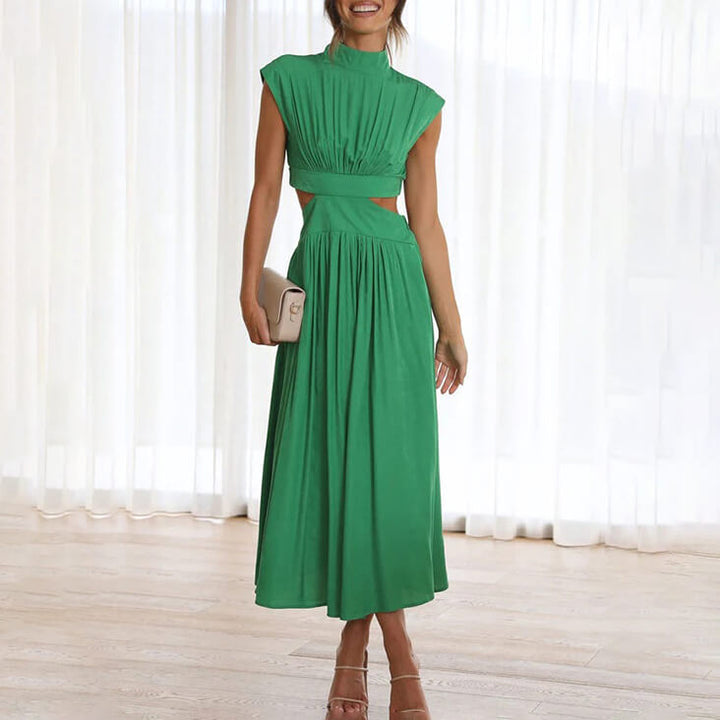 Althea | Women's Sleeveless Cut-out Style Dress with Pleats and High Neck