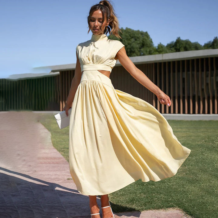 Althea | Women's Sleeveless Cut-out Style Dress with Pleats and High Neck