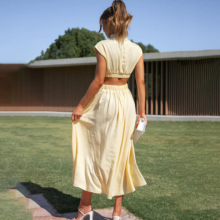 Althea | Women's Sleeveless Cut-out Style Dress with Pleats and High Neck