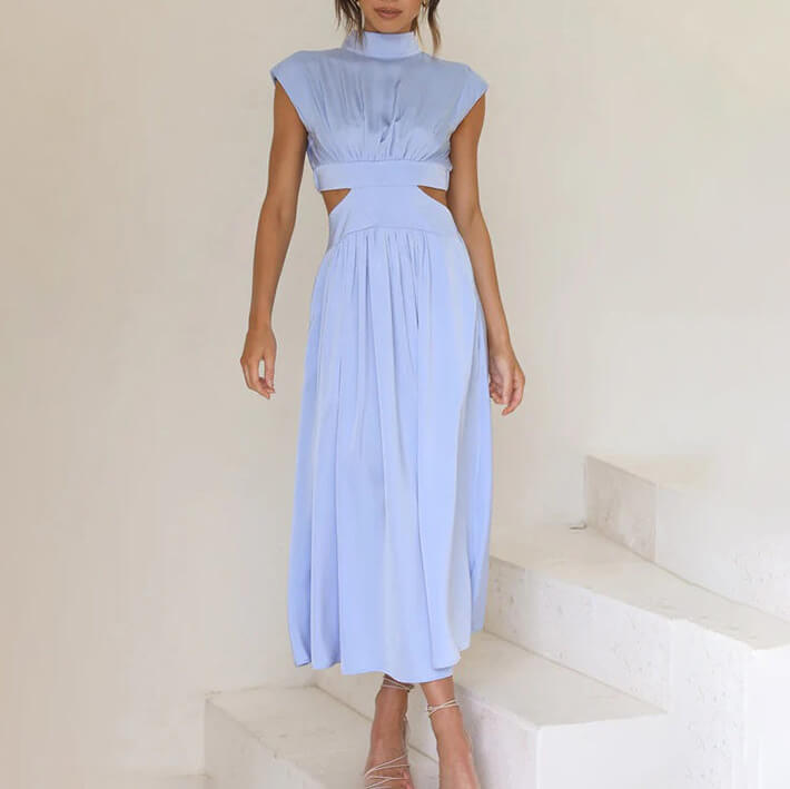 Althea | Women's Sleeveless Cut-out Style Dress with Pleats and High Neck