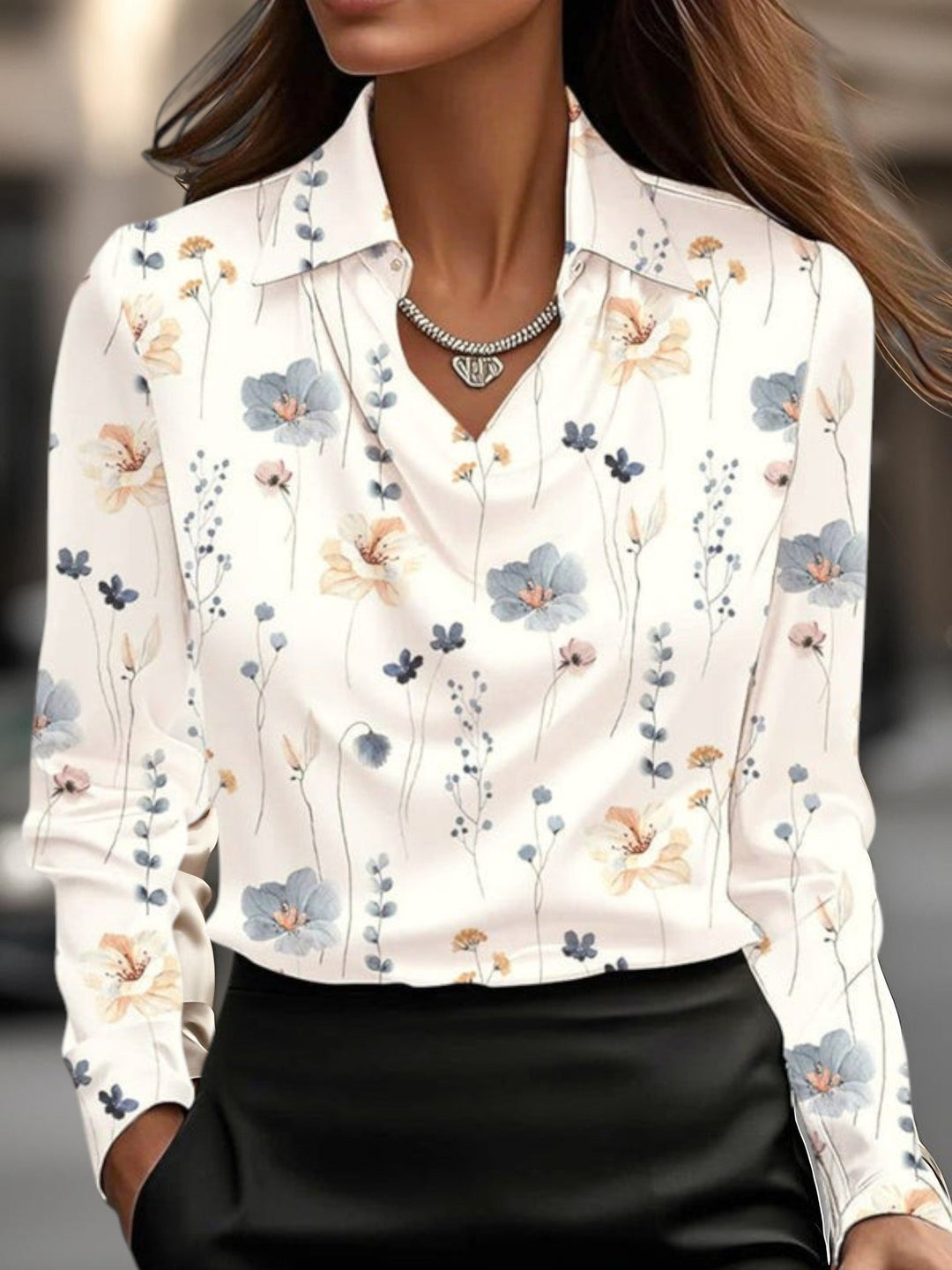 Richelle | Women’s Long Sleeve Satin Blouse with Collar