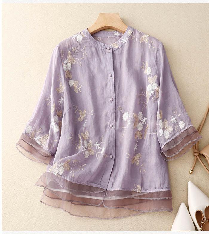 Zareen | Women's Embroidered Floral Blouse with Buttons