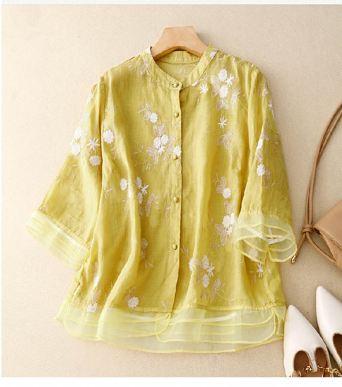 Zareen | Women's Embroidered Floral Blouse with Buttons