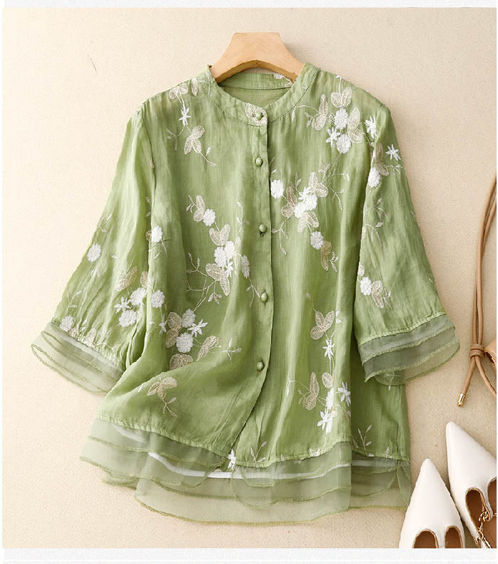 Zareen | Women's Embroidered Floral Blouse with Buttons